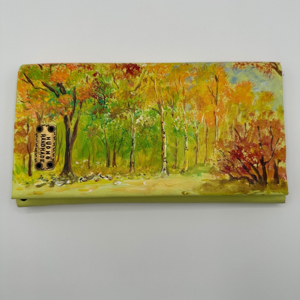 Huong Handmade Leather‎ Trifold Wallet Artisan Painted Nature Landscape Forest